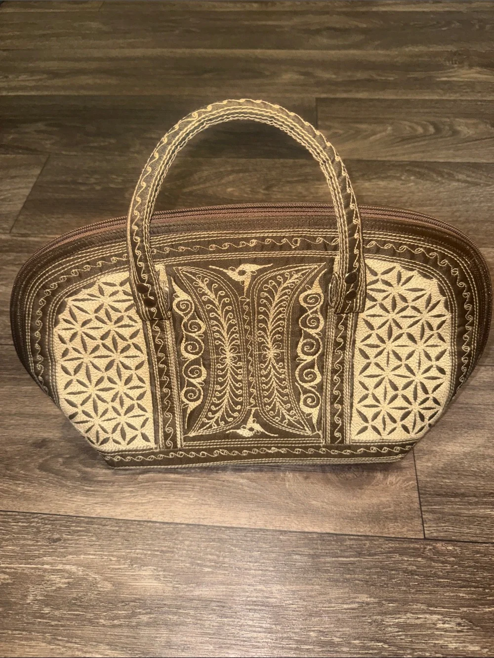 Embroidered Brown and Cream Patterned Tote Handbag